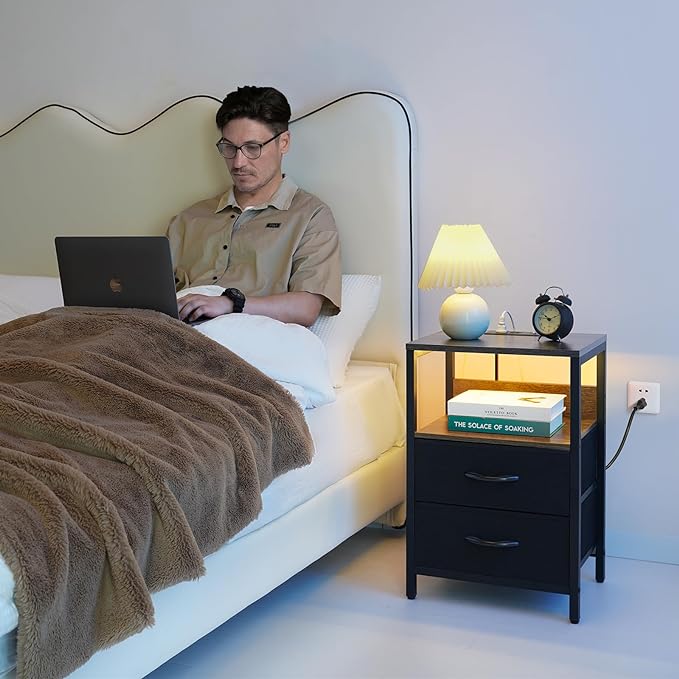 Yoobure Nightstand with Charging Station, LED Night Stand with Fabric Drawers and Storage Shelf for Bedroom, Nightstands Bedside Tables with USB Ports & Outlets, Small Night Stands, Bed Side Table - LeafyLoom