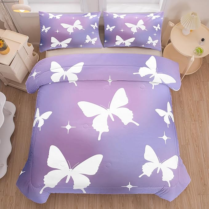 Tailor Shop Butterfly Comforter Sets King Size,Purple Butterfly Bedding Sets for Girls Kids Teens with 2 Pillowcase… - LeafyLoom