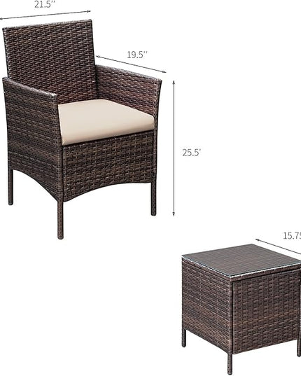 Greesum 3 Pieces Patio Furniture Sets Outdoor PE Rattan Wicker Chairs with Soft Cushion and Glass Coffee Table for Garden Backyard Porch Poolside, Brown and Beige - LeafyLoom