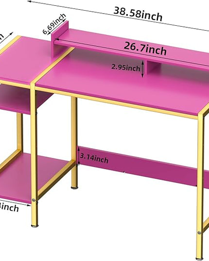 Computer Gaming Desk - 39" Home Office Desk with Storage, Writing Desk with Monitor Stand, Modern Simple Study Corner Table, Adjustable Storage Space, Pink - LeafyLoom