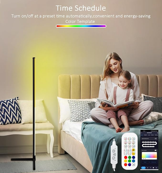 RGB Corner Floor Lamp, Color Changing Mood Lighting with App and Remote Control, Music Sync/DIY Colors, Modern LED Floor Lamp for Bedroom Living Rooms Gaming Room, 16 Million Colors & Scene Mode - LeafyLoom