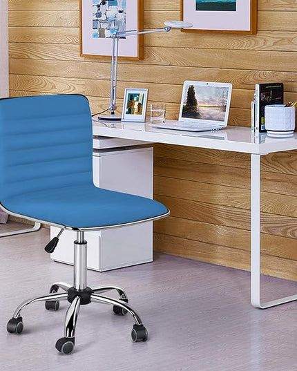 Yaheetech PU Leather Office Chairs, Ribbed Armless Swivel Chairs, Ergonomic Low Back Task Chairs with Wheels Blue - LeafyLoom