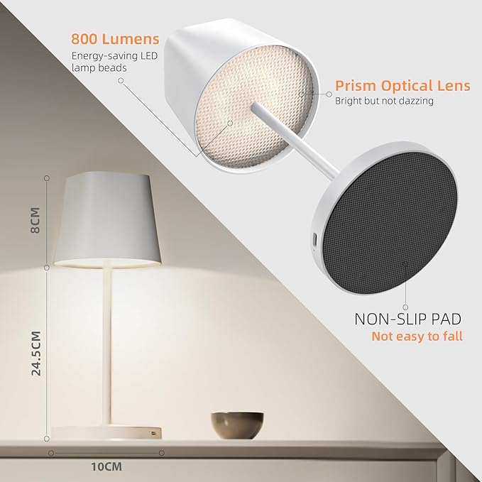 Quntis Cordless LED Table Lamp with Dimmer, Built-in Rechargeable Battery, Stepless Brightness Dimming, Ambient Light for Restaurant, Bedside Night Lamp, Waterproof Outdoor Lamps for Patio, Camping - LeafyLoom