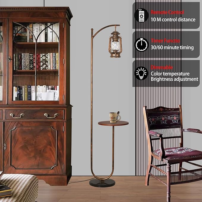 Hsyile Floor Lamp for Living Room Bedroom with Table and Shelves Retro Horse Lantern Floor Lamp with Remote Dimmable Farmhouse Standing Lamp (Red Copper) - LeafyLoom