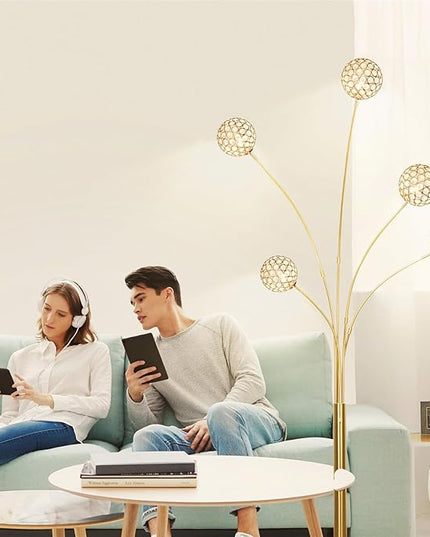 DLLT Floor Lamps for Living Room, 5-Light Gold Arc Standing Lamp, 86.6" Modern Tall Tree Floor Lamp with Adjustable Arms, Multi-Head LED Floor Lamps for Bedroom, Study, Office, G9 Bulbs Included - LeafyLoom