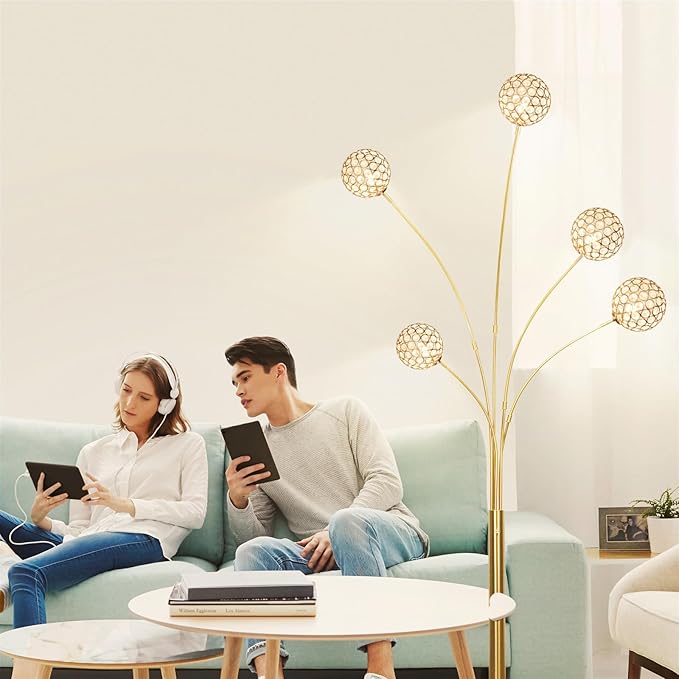 DLLT Floor Lamps for Living Room, 5-Light Gold Arc Standing Lamp, 86.6" Modern Tall Tree Floor Lamp with Adjustable Arms, Multi-Head LED Floor Lamps for Bedroom, Study, Office, G9 Bulbs Included - LeafyLoom