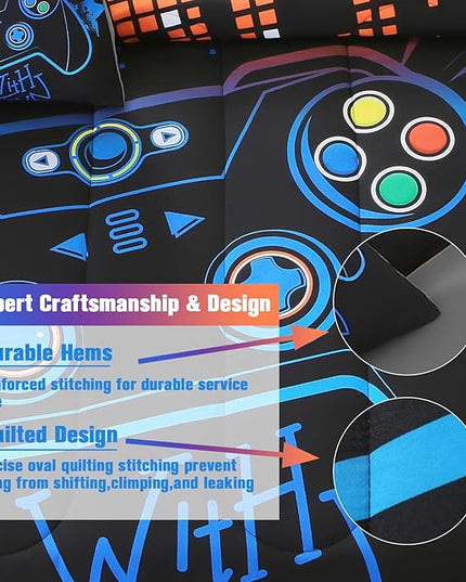 6Pcs Game Console Comforter Set with Sheets for Boys Girls Kids Teens, Geometric Gaming Themed Bed in A Bag Twin Size, 3D Video Gamer Controller Bedroom Decor Bedding Set(Blue) - LeafyLoom