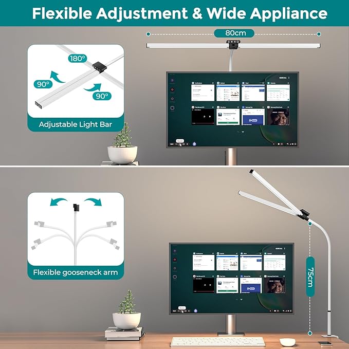 LED Desk Lamp, Double Head dimmable 24W 80CM Desk lamp for Home Office, clampable Eye Protection Daylight lamp with Remote Controls, 5 Colors 5 Brightness Office Table lamp White - LeafyLoom