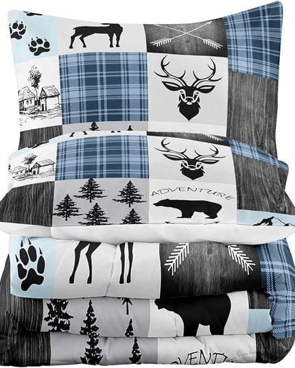 LUVIVIHOME 3PCS Farmhouse Comforter Set Queen Size, Black Bear Deer Elk Moose Woodland Forest Animals Wildlife Hunting Blue Plaid Patchwork Cabin Lodge Country Rustic Bedding Quilt, 2 Pillow Shams - LeafyLoom