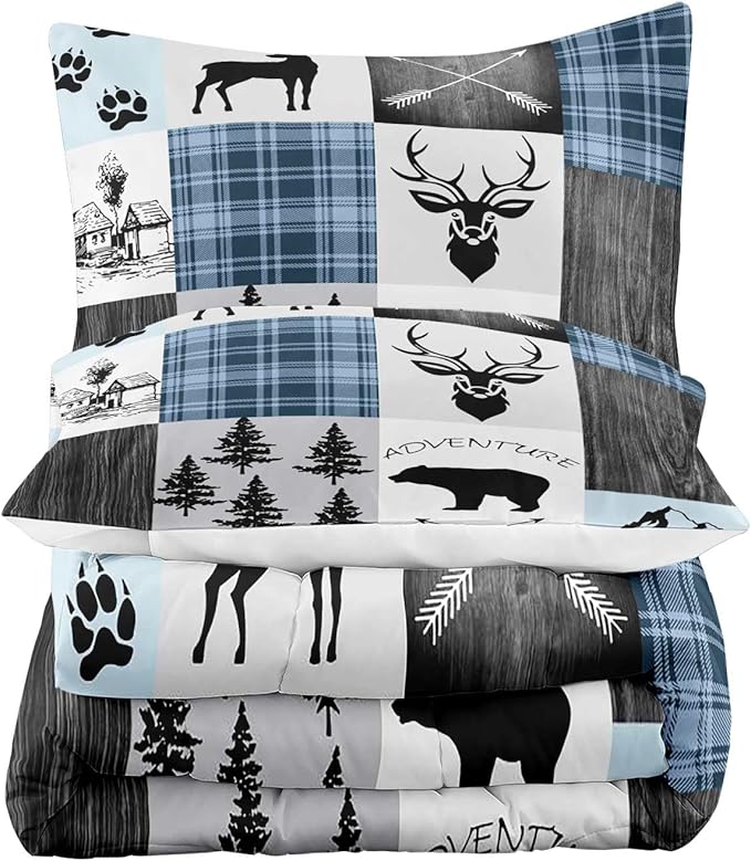 LUVIVIHOME 3PCS Farmhouse Comforter Set Queen Size, Black Bear Deer Elk Moose Woodland Forest Animals Wildlife Hunting Blue Plaid Patchwork Cabin Lodge Country Rustic Bedding Quilt, 2 Pillow Shams - LeafyLoom