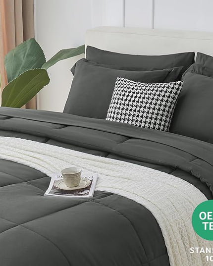 CozyLux Queen Comforter Set - 7 Pieces Bed in a Bag Set Drak Grey Queen, Gray Complete Bedding Sets Bed Set for All Season with Comforter, Flat Sheets, Fitted Sheet, Pillowcases & Shams - LeafyLoom