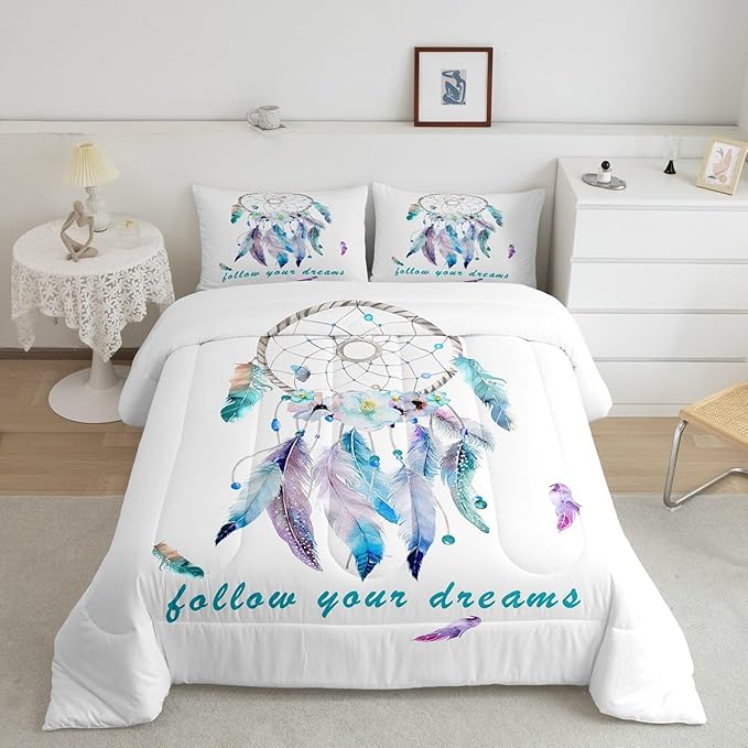 Dreamcatcher Comforter Set Boho Dream Catcher Bedding Set for Kids Boys Girls Teens Decor Indian Hippie Feather Print Comforter Native American Duvet Set 3Pcs King Size - LeafyLoom