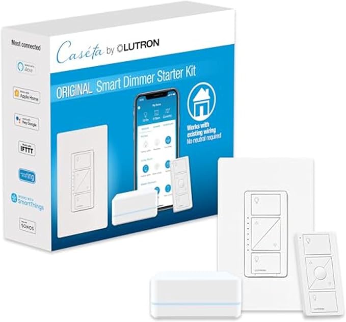 Lutron Caseta Original Smart Dimmer Switch Starter Kit, with Pico Remote, Wall Plate, and Smart Hub, Works with Alexa, Apple Home, and Google Home, 3 Way, 150W, No Neutral Req, P-BDG-PKG1W Lutron
