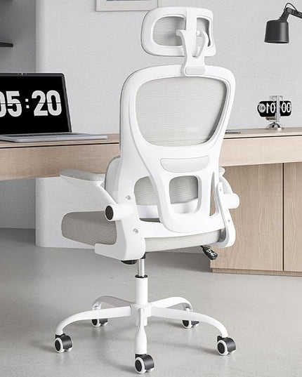 Soohow Ergonomic Home Office Chair, Mesh Desk Chair with Lumbar Support, Comfy Computer Desk Chair with Flip Armrest Rolling Wheels, Adjustable Headrest, Khaki. - LeafyLoom
