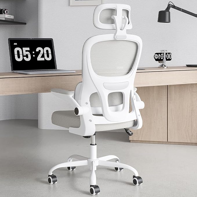 Soohow Ergonomic Home Office Chair, Mesh Desk Chair with Lumbar Support, Comfy Computer Desk Chair with Flip Armrest Rolling Wheels, Adjustable Headrest, Khaki. - LeafyLoom