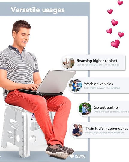 Delxo 13" Folding Step Stool for Kids and Adults, Non-Slip Foldable Step Stools with Handle,Plastic Portable Folding Stool for Bathroom,Bedroom,Kitchen,Hold up to 300lbs White - LeafyLoom