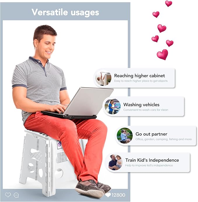 Delxo 13" Folding Step Stool for Kids and Adults, Non-Slip Foldable Step Stools with Handle,Plastic Portable Folding Stool for Bathroom,Bedroom,Kitchen,Hold up to 300lbs White - LeafyLoom