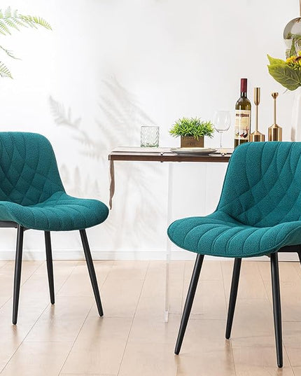 YOUNUOKE Comfortable Dining Chairs Set of 2, Mid-Century Modern Kitchen Dining Room Chairs, Upholstered Backrest Boucle Dining Chair with Black Metal, Pine Green - LeafyLoom