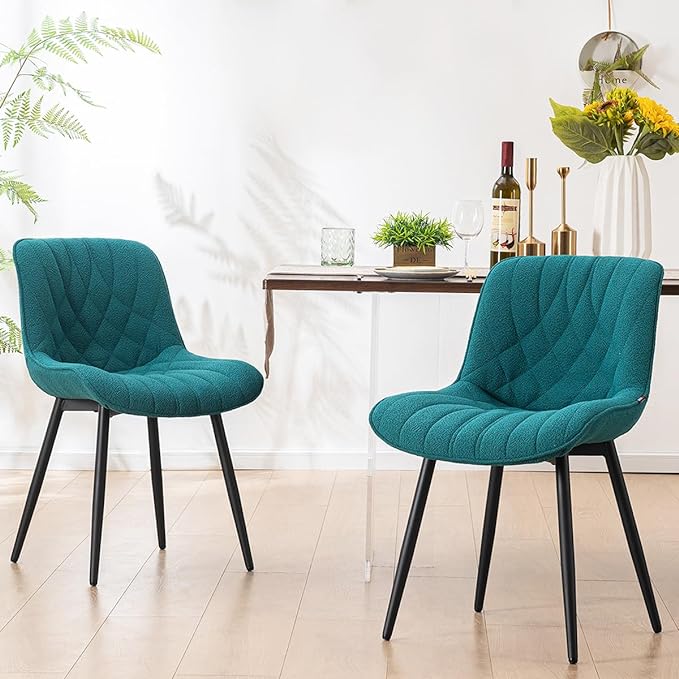 YOUNUOKE Comfortable Dining Chairs Set of 2, Mid-Century Modern Kitchen Dining Room Chairs, Upholstered Backrest Boucle Dining Chair with Black Metal, Pine Green - LeafyLoom
