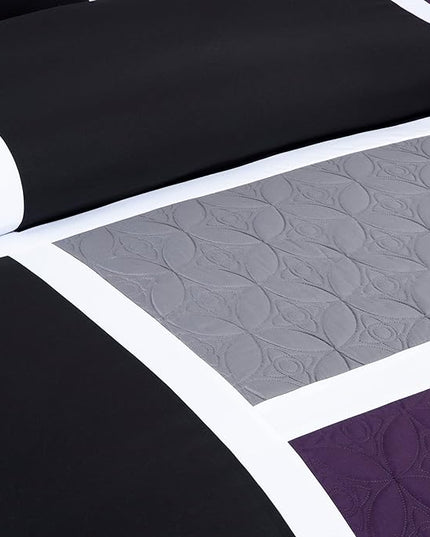 Chezmoi Collection Upland 7-Piece Quilted Patchwork Comforter Set, Purple/Black/Gray, California King - LeafyLoom