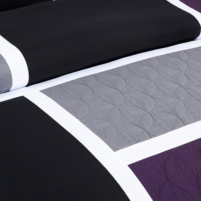 Chezmoi Collection Upland 7-Piece Quilted Patchwork Comforter Set, Purple/Black/Gray, California King - LeafyLoom