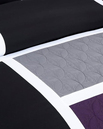 Chezmoi Collection Upland 7-Piece Quilted Patchwork Comforter Set, Purple/Black/Gray, Queen - LeafyLoom