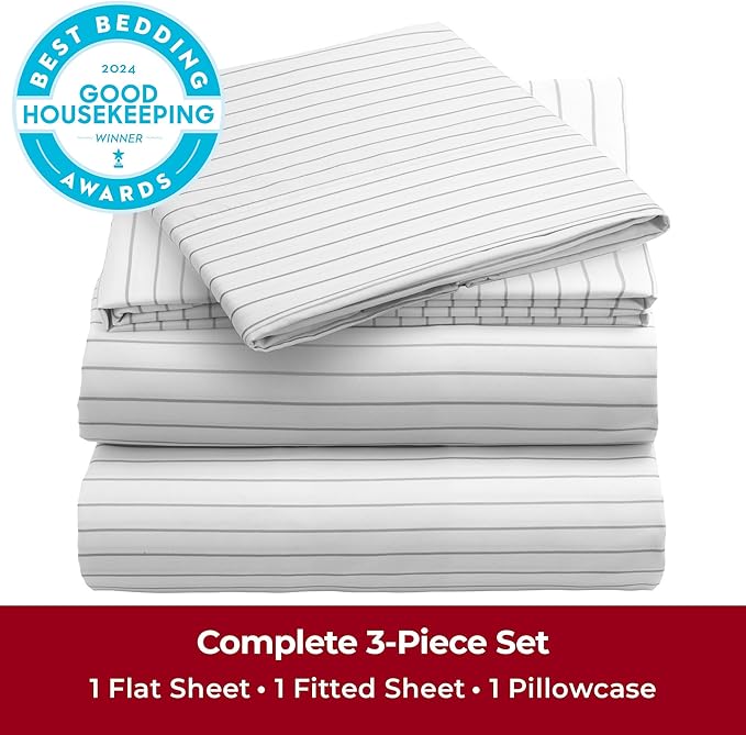 Mellanni Twin Sheets Set - 3 PC Iconic Collection Bedding Sheets & Pillowcases - Hotel Luxury, Extra Soft, Cooling Bed Sheets - Deep Pocket up to 16 inch (Twin, Pin Stripe Gray) - LeafyLoom