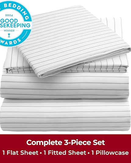 Mellanni Twin XL Sheets Set - 3 PC Iconic Collection Bedding Sheets & Pillowcases - Hotel Luxury, Extra Soft, Cooling Bed Sheets - Deep Pocket up to 16 inch (Twin Extra Long, Pin Stripe Gray) - LeafyLoom