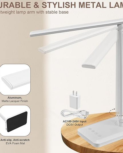 LED Desk Lamp with USB Charging Port Whole White for Home Office Essentials Table Lamp with Eye-Caring 4 Color Temperature Touch Control Stepless Dimming Desk Light for College Dorm - LeafyLoom