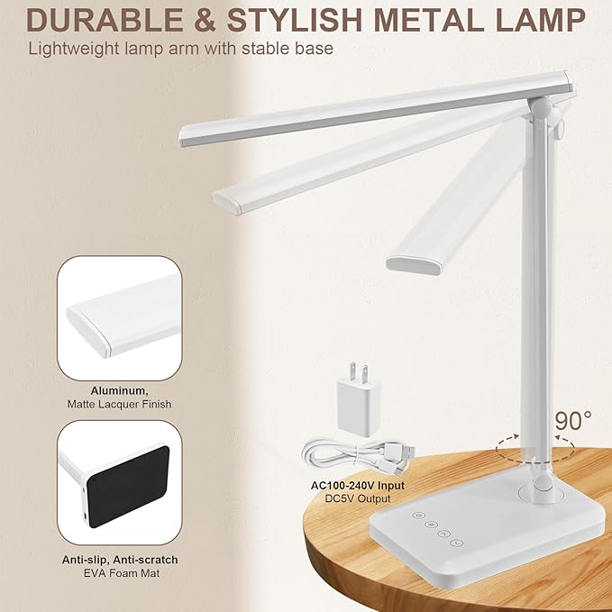 LED Desk Lamp with USB Charging Port Whole White for Home Office Essentials Table Lamp with Eye-Caring 4 Color Temperature Touch Control Stepless Dimming Desk Light for College Dorm - LeafyLoom