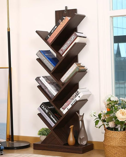 8 Tier Tree Bookshelf, 8 Shelf Open Book Case, Sturdy Tree Bookcase, Narrow Book Organizer Shelves for Bedroom, Living Room, Home Office, Dark Brown, w/Wall Anchor, 15.9"x8.1"x47.6" - LeafyLoom