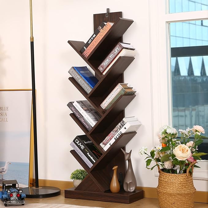 8 Tier Tree Bookshelf, 8 Shelf Open Book Case, Sturdy Tree Bookcase, Narrow Book Organizer Shelves for Bedroom, Living Room, Home Office, Dark Brown, w/Wall Anchor, 15.9"x8.1"x47.6" - LeafyLoom