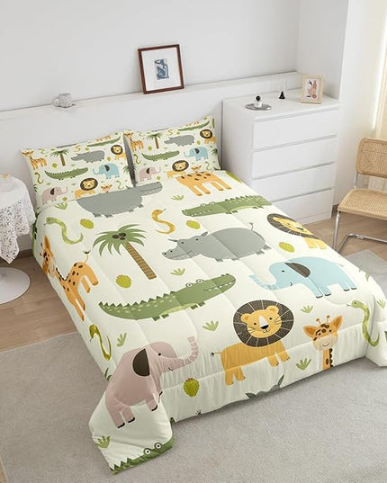 Feelyou Nursery Cute Wild Animals Bedding Set for Girls Boys Child Kids Cartoon Lion Giraffe Crocodile Comforter Decor Nature Wildlife Comforter Set Zoo Animal Duvet Set King Size Quilt Boys - LeafyLoom