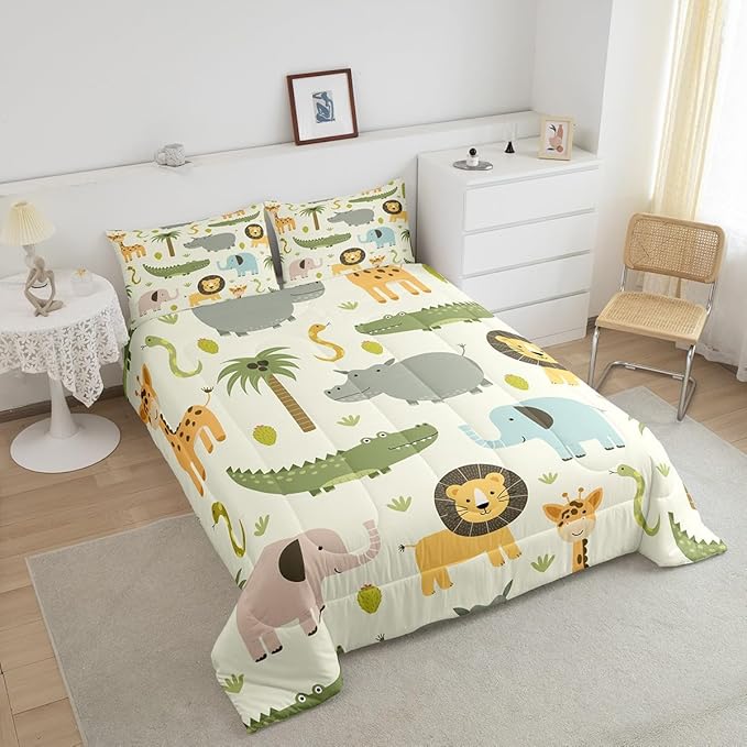 Feelyou Nursery Cute Wild Animals Bedding Set for Girls Boys Child Kids Cartoon Lion Giraffe Crocodile Comforter Decor Nature Wildlife Comforter Set Zoo Animal Duvet Set King Size Quilt Boys - LeafyLoom