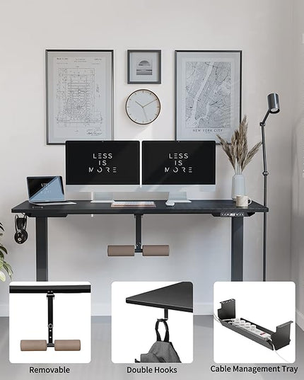 FAMISKY 55 Inch Height Adjustable Standing Desk with Foot Rest, Sit Stand Home Office Desk with Hooks, Ergonomic Workstation Black Steel Frame/Black Wood Top - LeafyLoom