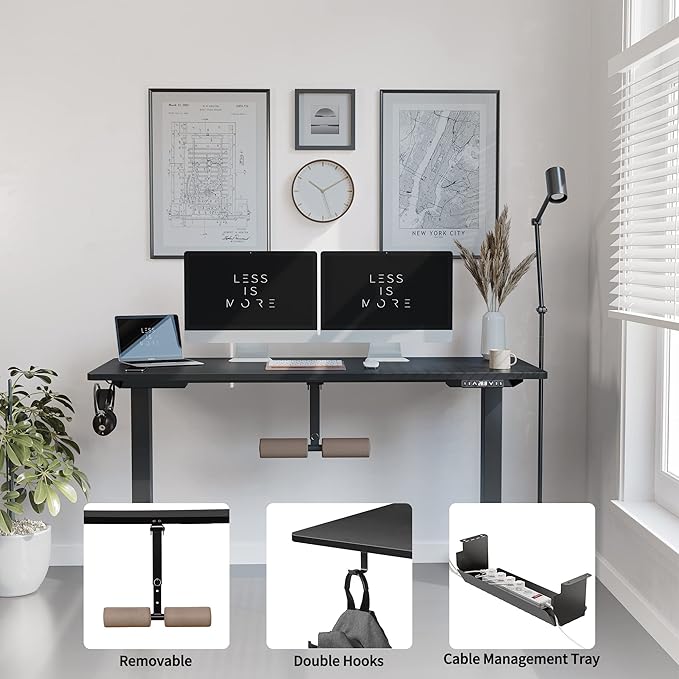 FAMISKY 55 Inch Height Adjustable Standing Desk with Foot Rest, Sit Stand Home Office Desk with Hooks, Ergonomic Workstation Black Steel Frame/Black Wood Top - LeafyLoom
