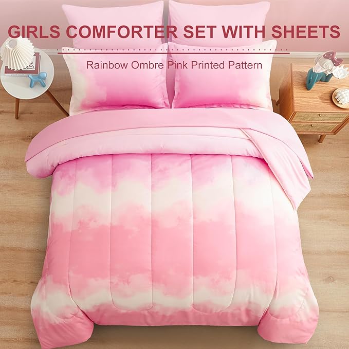 Dinjoy Girls Comforter Set Twin Size Colorful Rainbow Ombre Pink Bedding Set Gradient Soft Lightweight 6 Pieces Bed in A Bag for Kids Teen Women(1 Comforter, 1 Flat Sheet, 1 Fitted Sheet) - LeafyLoom