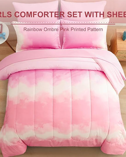 Dinjoy Girls Comforter Set Queen Size Colorful Rainbow Ombre Pink Bedding Set Gradient Soft Lightweight 7 Pieces Bed in A Bag for Kids Teen Women(1 Comforter, 1 Flat Sheet, 1 Fitted Sheet) - LeafyLoom