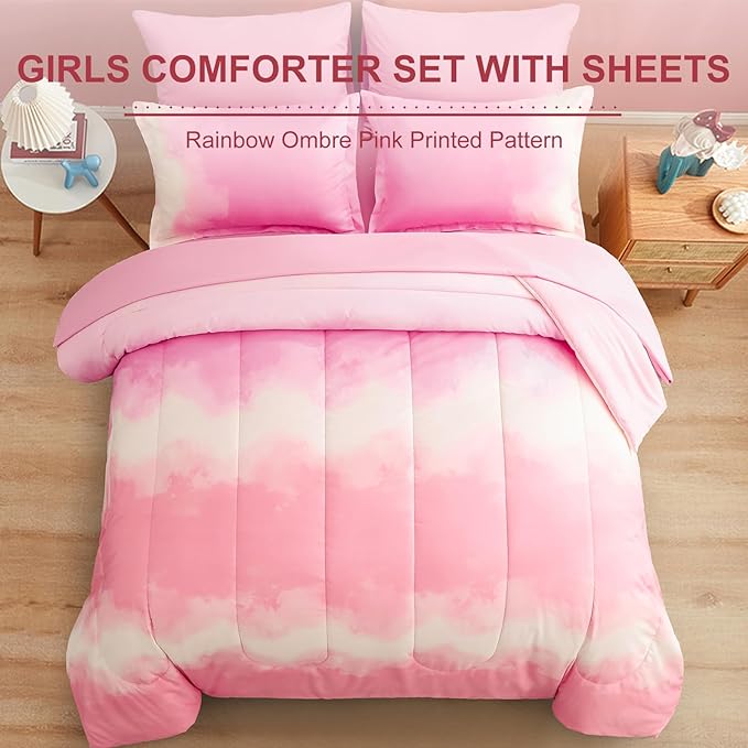 Dinjoy Girls Comforter Set Queen Size Colorful Rainbow Ombre Pink Bedding Set Gradient Soft Lightweight 7 Pieces Bed in A Bag for Kids Teen Women(1 Comforter, 1 Flat Sheet, 1 Fitted Sheet) - LeafyLoom