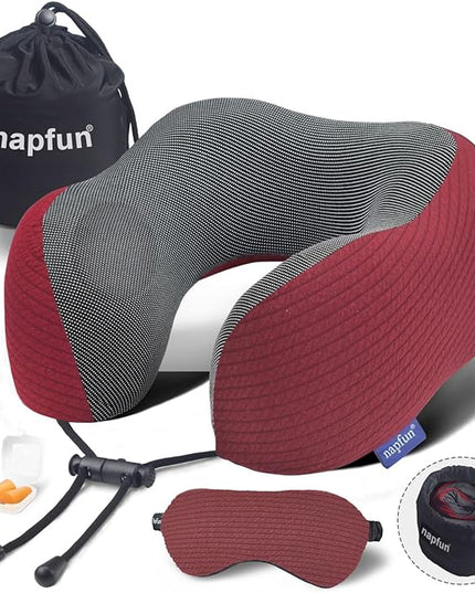 napfun Neck Pillow for Traveling, Upgraded Travel Neck Pillow for Airplane 100% Pure Memory Foam Travel Pillow for Flight Headrest Sleep, Portable Plane Accessories, Wine-Red Set, Medium (120-200LB) - LeafyLoom