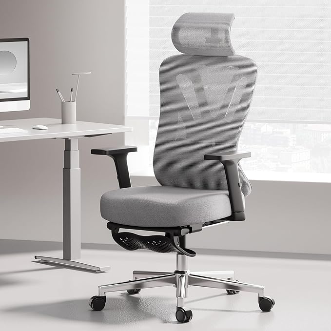 Hbada Ergonomic Office Chair, Desk Chair with Adjustable Lumbar Support and Height, Comfortable Mesh Computer Chair with Footrest 2D Headrest, Swivel Tilt Function Grey - LeafyLoom