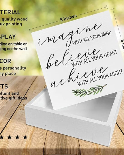 Home Office Desk Wooden Box Sign Decor, Imagine with All Your Mind, Inspirational Quotes Desk Decor Motivational Desk Decorations for Women Men Student Office Classroom School - LeafyLoom