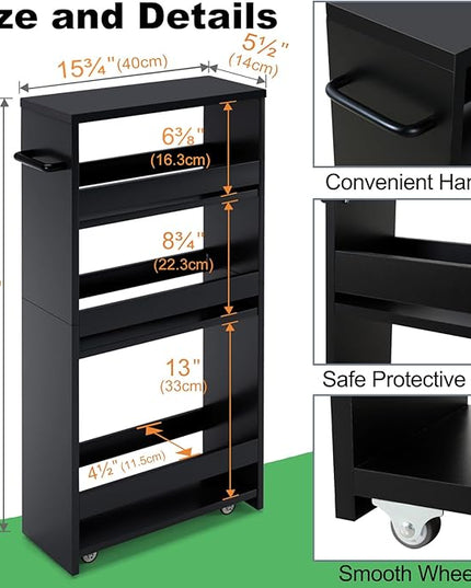 MARTY Slim Rolling Storage Cart 4-Tier Kitchen Cart on Wheels, Laundry Room Storage with Handle Slide Out Utility Cart Shelving Unit Organizer Trolley for Narrow Places Bathroom Small Corner, Black - LeafyLoom