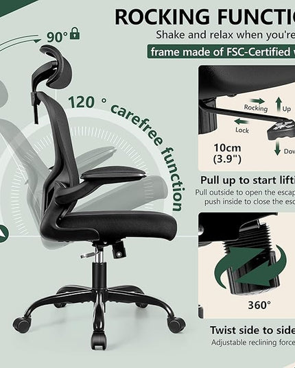 FelixKing Office Chair Ergonomic Desk Chair with Headrest, High Back Computer Chair with Adjustable Lumbar Support and Wheels,Executive Swivel Comfy Chair with flip-up Armrests for Home Office - LeafyLoom