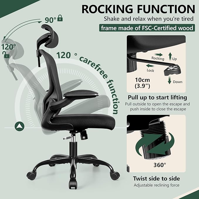 FelixKing Office Chair Ergonomic Desk Chair with Headrest, High Back Computer Chair with Adjustable Lumbar Support and Wheels,Executive Swivel Comfy Chair with flip-up Armrests for Home Office - LeafyLoom