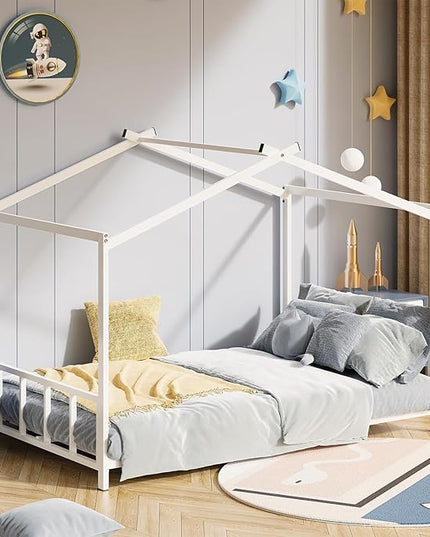 Full Size Montessori Floor Bed with Roof Design for Kids Bedroom,House Bedframe for Small Space,Easy Assembly & No Box Spring Needed, White - LeafyLoom