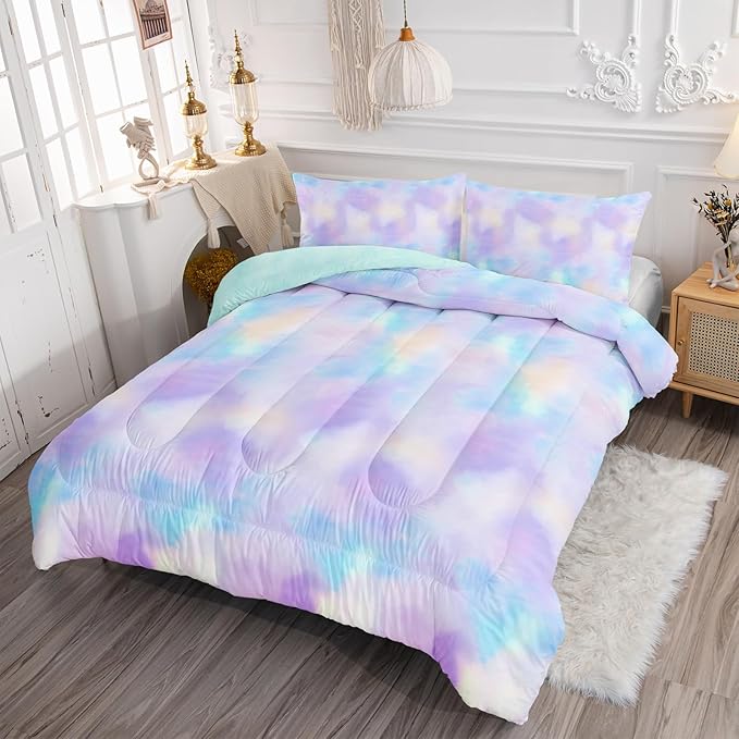 Axolotl Tie Dye Bedding Set Queen,Pink Blue Purple Comforter Set,Boho Psychedelic Bedding Colorful Tie Dye Pastel Comforter Set,Rainbow Bedding Set for Kids Girls Teens Women,1 Quilt 2 Pillowcases - LeafyLoom