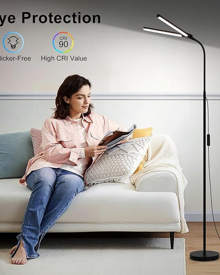 LED Floor Lamp, 15W/1800LM Bright Reading Floor Lamp for Office with Double Head, Adjustable Gooseneck Dimmable Modern Standing Light for Lash Extension Craft, Eye Caring Floor Lamps for Living Room - LeafyLoom