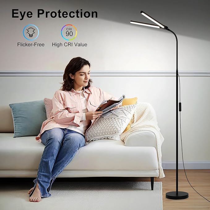 LED Floor Lamp, 15W/1800LM Bright Reading Floor Lamp for Office with Double Head, Adjustable Gooseneck Dimmable Modern Standing Light for Lash Extension Craft, Eye Caring Floor Lamps for Living Room - LeafyLoom