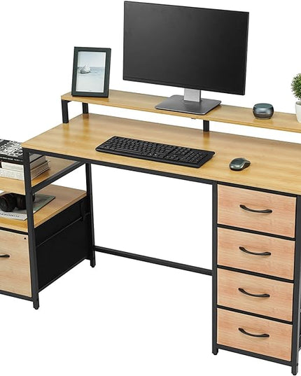 TOPSKY Compact Computer Desk with Storage Shelf/Cloth File Drawer for Letter Size/Monitor Stand Study Table for Home Office (Bamboo, 61.6 inch) - LeafyLoom